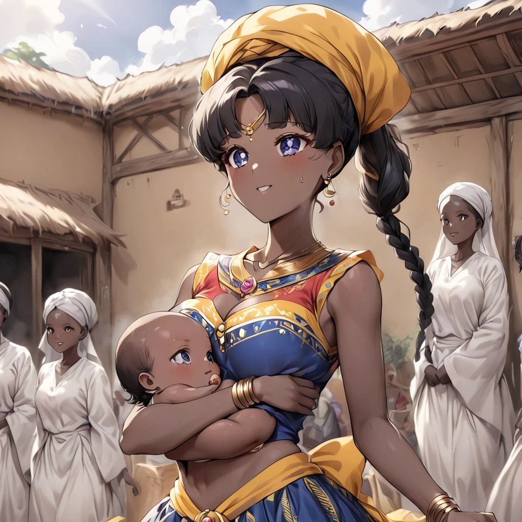 ((Highest quality)), ((masterpiece)), (detailed), （Perfect Face）、The woman has dark skin, is pregnant, and is holding a ****.、（Ghana braids with strong curly hair slicked back）、Black, dark skinned, African native tribal woman、The amount of hair is small、Black Hair、Very short curly hair、Ghana braid hair, finely and delicately braided into Ghana braids and slicked back、A black African woman with braided hair, low volume, tribal earrings and tribal accessories, beautifully dressed and wearing tribal makeup、A beautiful tribal woman with tattoos all over her body、Women in tribal village night rituals、The woman&#39;s hair is dyed black by the other women in the village and styled like an African woman&#39;s.