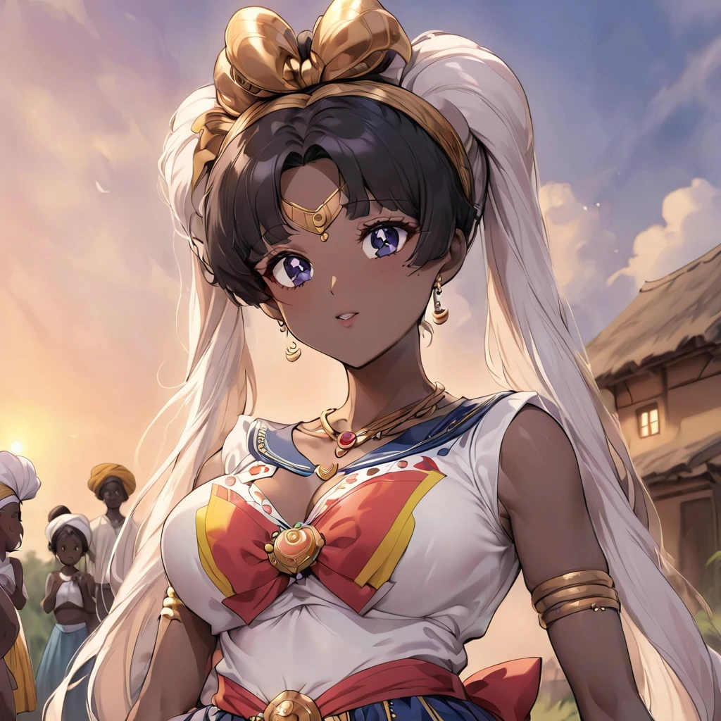 ((Highest quality)), ((masterpiece)), (detailed), (Perfect Face)、The woman is a Ghanaian born Tsukino Usagi with a vivid dark skin, black by birth, and is wearing a colorful Ghanaian dress from a Ghanaian village, a colorful turban head scarf, gorgeous jeweled accessories, and an engagement ring.、The woman is the elegant Tsukino Usagi, with her short black afro hair tied up in a Ghana braid, wearing a colorful Ghanaian dress and a colorful turban head scarf, with vibrant dark brown skin, a natural-born black person, and a natural-born Ghanaian, Tsukino Usagi.、(The woman is a black Ghanaian with vivid dark brown skin.)、The woman is raising children and doing village work with other village girls in her village in Ghana.、、The woman is holding her baby daughter、Polygamous Ghanaian families are large and have many other wives and children.