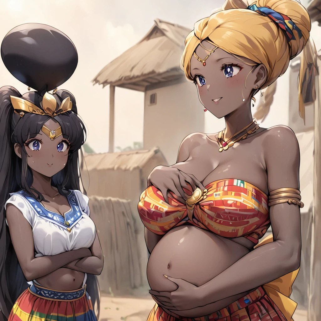 ((Highest quality)), ((masterpiece)), (detailed), （Perfect Face）、The woman is a Ghanaian born Tsukino Usagi with a vivid dark skin, black by birth, and is wearing a colorful Ghanaian dress from a Ghanaian village, a colorful turban head scarf, gorgeous jeweled accessories, and an engagement ring.、The woman is the elegant Tsukino Usagi, with her short black afro hair tied up in a Ghana braid, wearing a colorful Ghanaian dress and a colorful turban head scarf, with vibrant dark brown skin, a natural-born black person, and a natural-born Ghanaian, Tsukino Usagi.、（The woman is a black Ghanaian with vivid dark brown skin.）、The woman is chatting with other village girls while babysitting in a village in Ghana.、The women are pregnant、The women are holding their baby daughters