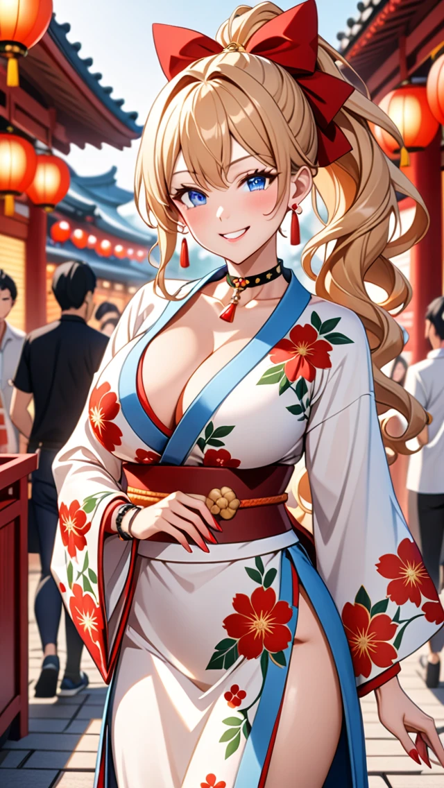 ultra-detailed, ((one girl)), hyper detailed, absurdres, 8K,Cute face, Beautiful Face, (Laugh shyly), ((teasing smile:1.8)), ((Wink:1.8)), (Laugh with your mouth wide open),(Tilt your head:1.3), View your viewers, ((Bright red cheeks:1.6)),Glossy Red Lips, ((Big Breasts:1.5)) night, Shrine festival stalls, (Brighten your face), ((Anime style background)),masterpiece, Highest quality, so beautiful,Latest, Complex details, (Pink long nails), (nail art), (ring),(bracelet), (Floral Choker),AI-generated, Complex,High resolution, Highest quality, super high quality,3D Images、3D Images,One person,Blonde long hair,(High Ponytail), (Wavy Hair), Anime woman posing for a photo, ((beautiful eyes)), ((Fine grain、blue eyes、Shining Eyes:1.6)), (Squint your eyes:1.1),a hyperRealistic , hyperRealistic , Realistic,Long blonde anime woman, Smooth anime CG art, Pink large floral patternの刺繍が入った、A girl in a gorgeous kimono, ((White long-sleeved kimono)),(Pink large floral pattern) ,Long flower hair ornament,Floral Earrings,Mature Body, expensive,Abdominal muscles,Tight waist,((Zoom in on face:2.1)), (front view),