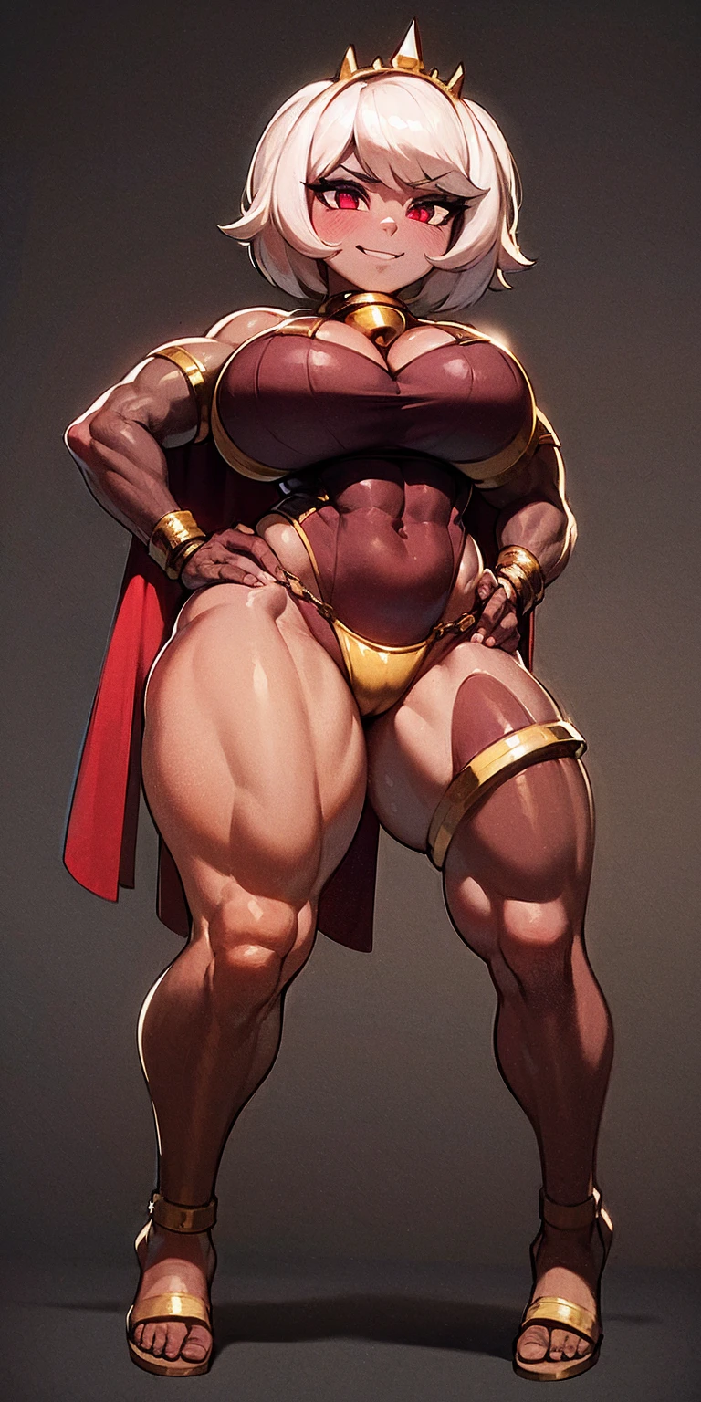 ((BLACK BACKGROUND,1:2, masterpiece)) full body MILF BIMBO standing with two long thighs and two metal sandals, red eyes, two-tone hair, brown hair, silver white hair, short bob style hair, big breasts, cleavage, separate sleeves, tiara royal, long cape up to two feet, yellow bikini, hands on waist, navel, toned body, lustful smirking smiling, smile face (red blushed, red cheeks), metal shoulders, gold sleeveless armbands, black leather choker slave collar (leather choker with big golden bell), shackle bracelets, red crest, pauldrons, breastplate, leather corset, eye focus, full body, whole body, 1solo, loincloth standing, hands on hips, big belt, view from below, feet together, bracers, tiara)
