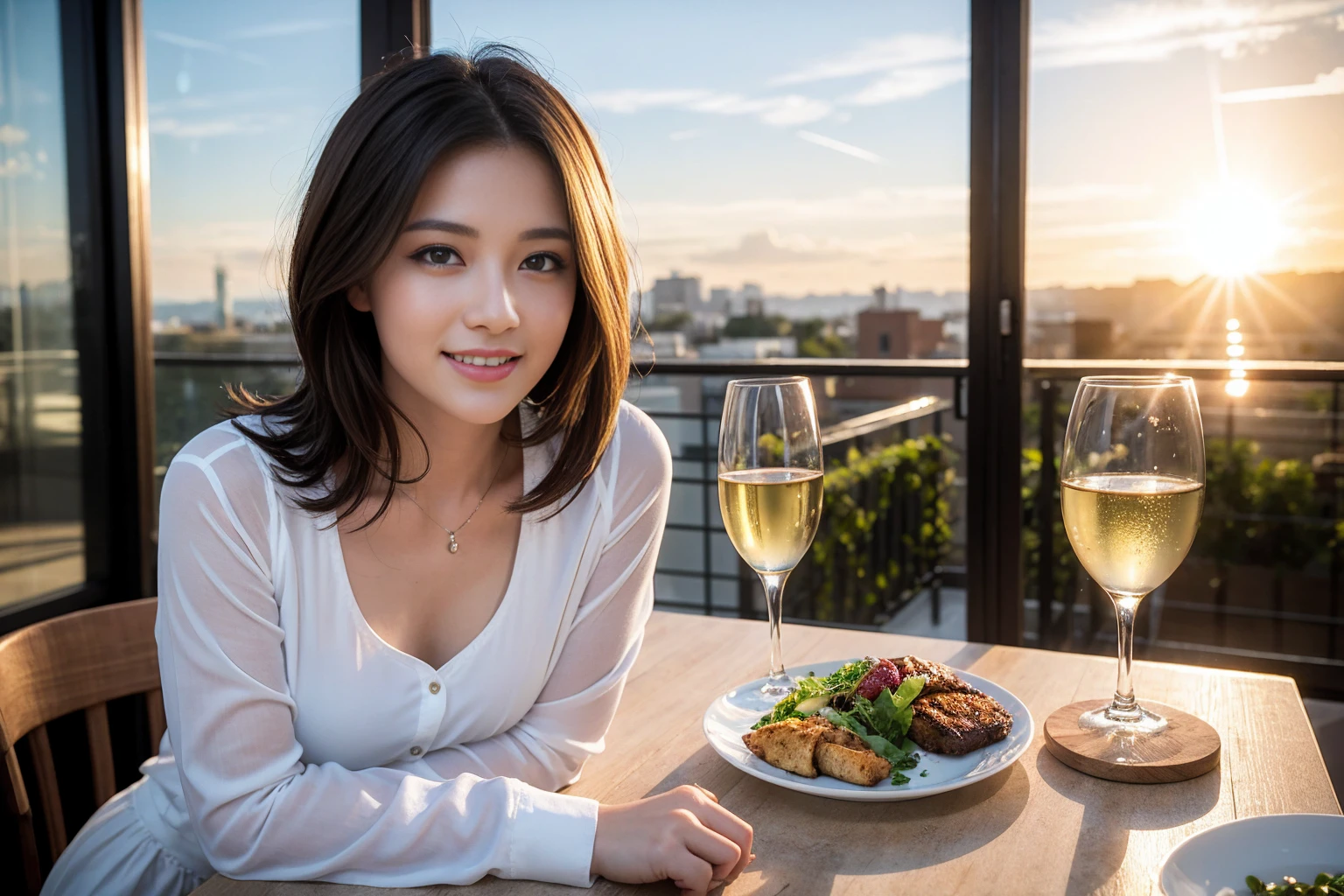 ((Highest quality、8K、masterpiece:1.3))、slimカップル、modelカップル、(Realistic, Intricate details:1.2), full-course dinner、Wine Party、Amazing view of the sunset sky and clouds、A bright smile、The wonderfulness of smile、Bright image、The beauty of wine, Beautiful Face, blue eyes, The light shines on your face, Blushing, short hair,Bright Face、 (Age 37), 39 years old, red wine 、Appetizers、Italian food、Wine bottle、Champagne、sparkling wine、Two beauties、Brown Hair、Shortcuts、Long sleeve shirt、dress、Beautiful woman 1, (slimな顔), (The body is slim), (Brown Hair), (Shortcuts), cheeks turn a little red,Attractive beauty、restaurant, In a prominent place (From the waist up) Nova Frog Style, actress, model, Upper Body, White wine, slim, wine glass, 中央に置かれたwine glass, smile, (smile: 1.15), Beautiful fine grain, Depth f/2,saturation, High Contrast, Strong light and shadow,Moist Body:1.5、3D texture、Delicate eyes、Brown Hair、The hair is very shiny、