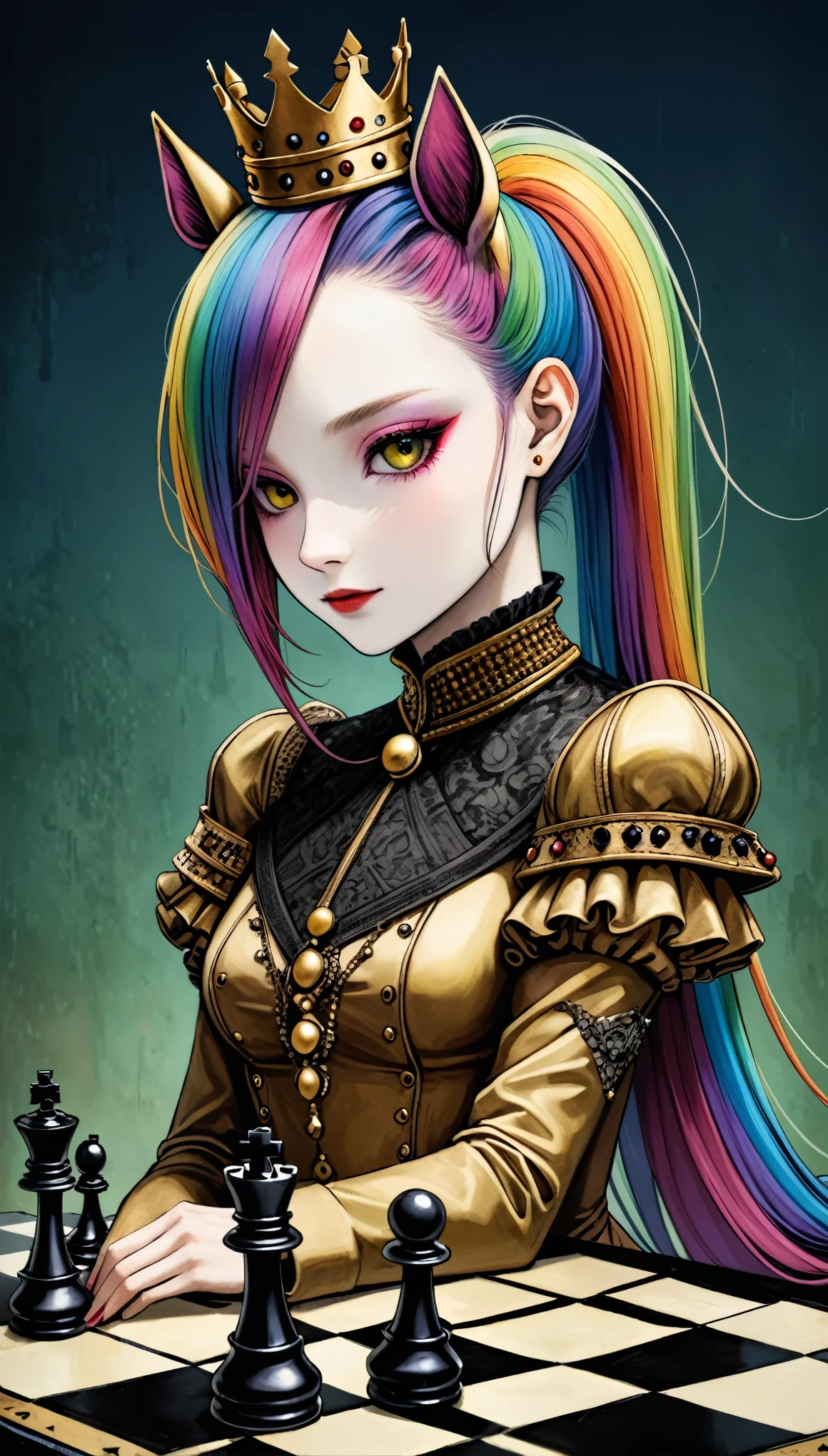 in style of Santiago Caruso,
1girl,
queen \(chess\),Rainbow Pony,