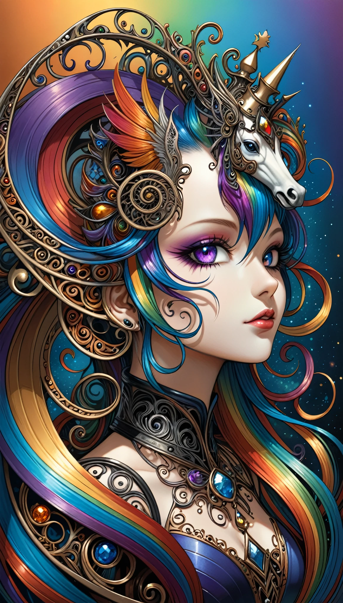 (in style of Aaron Horkey:1.4),
1girl,
queen \(chess\),rainbow pony,metal spiral sharp corners,