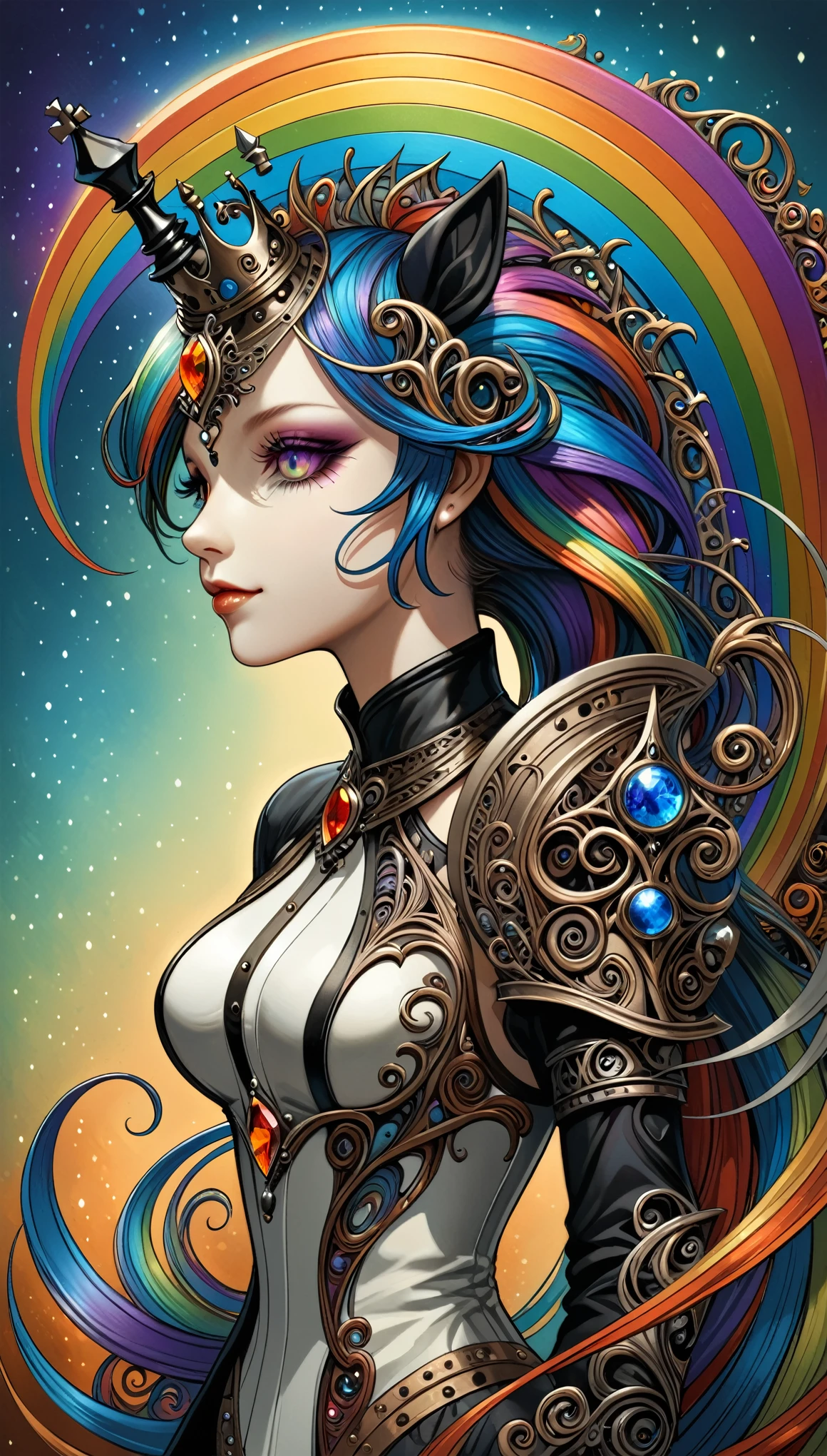 (in style of Aaron Horkey:1.4),
1girl,
queen \(chess\),rainbow pony,metal spiral sharp corners,