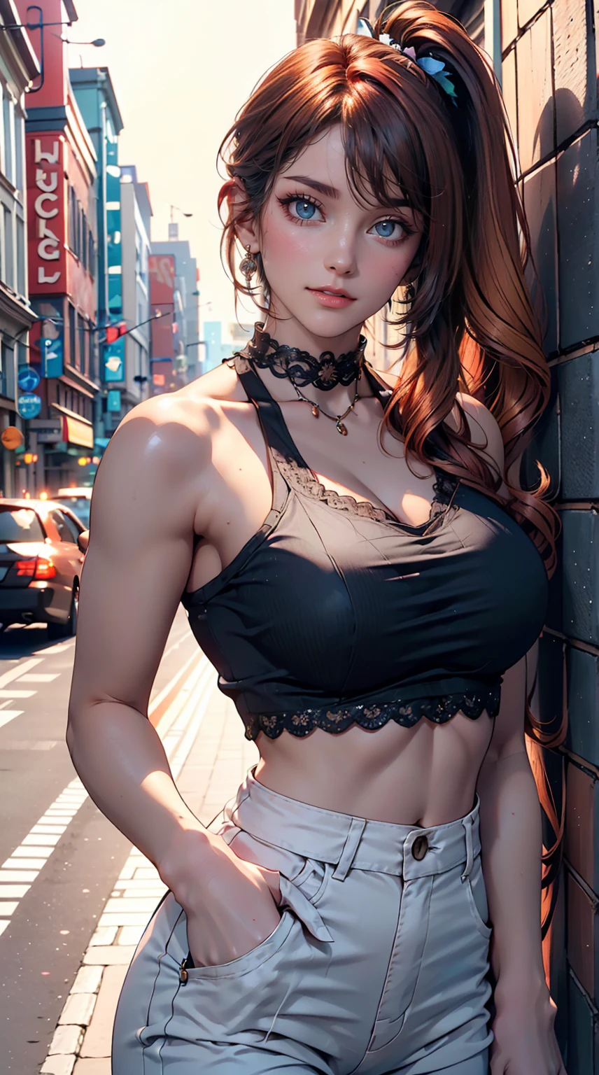 24 year old Caucasian female、Red hair、Inner Color((colored inner hair))、Triple tail((tri tails))、Gradient color hairstyle ((gradient hair))、Long eyelashes((longeyelashes))、High neck/Halter neck((high neck halter neck))Wear tops、Wear hot pants、Cat ear headphones((cat ear headphones))、Leaning against the wall of a downtown building、smile