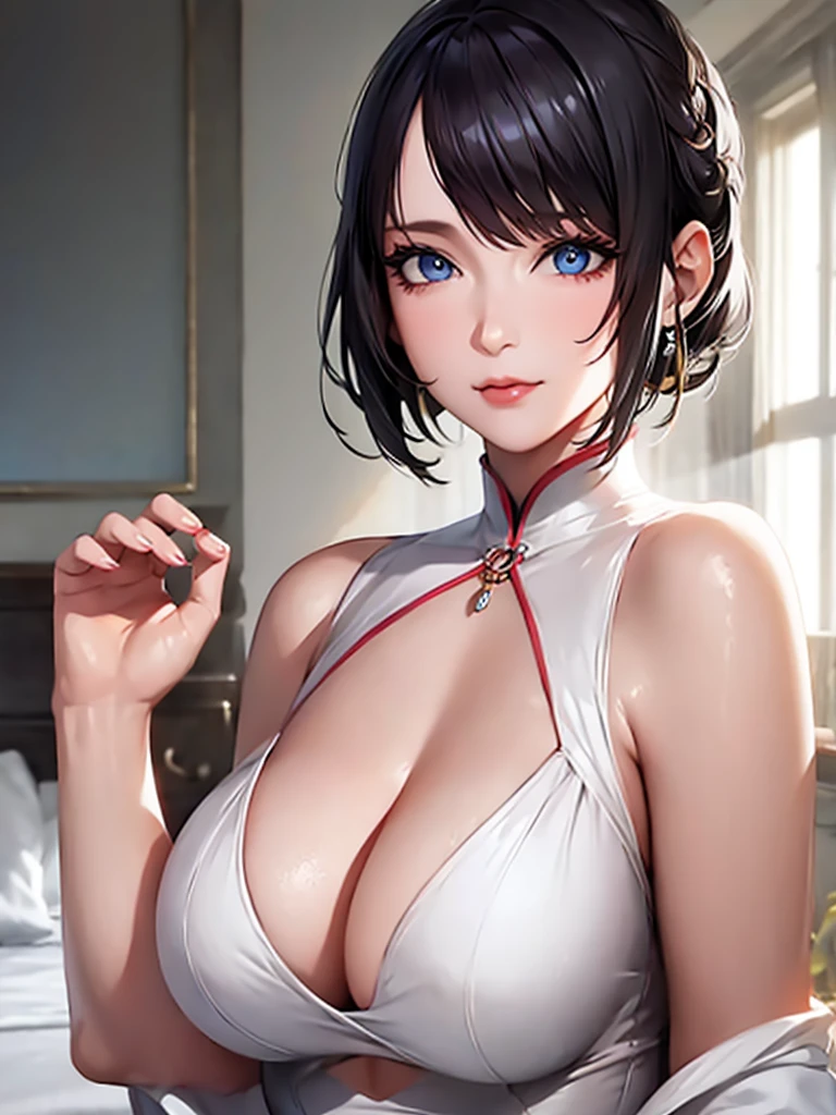1girl, solo, breasts, looking_at_viewer, short_hair, bangs, blue_eyes, black_hair, photoshop_(medium), dress, cleavage, medium_breasts, bare_shoulders, hair_between_eyes, jewelry, closed_mouth, upper_body, sleeveless, artist_name, white_dress, lips, clothing_cutout, eyelashes, makeup, sleeveless_dress, chinese_clothes, cleavage_cutout, lipstick, portrait, red_lips