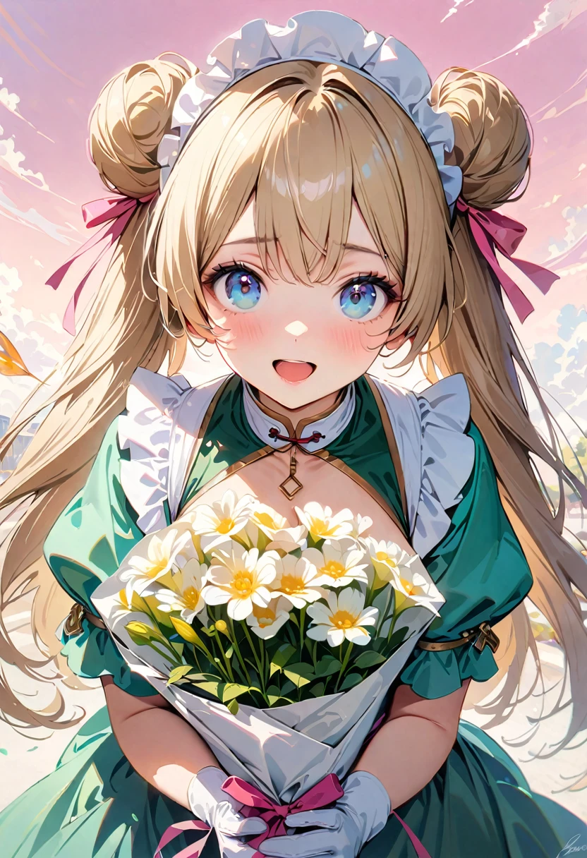 30 years old,1 mature woman,hyperrealistic, 8k, (extremely detailed 8k), (very delicate and beautiful), (masterpiece), (better quality:1.0), (ultra high resolution:1.0), (masterpiece, best quality), cute,blonde,cleavage cutout,(broen dress:1.3),gleaming skin,twintails,twin bun,a pink ribbon on the head,long hair,pastel green chinese maid dress,pastel green chinese dress,white long gloves,hold a bouquet of flowers,face and body straight at the camera,a bunch of flowers,POV,bust shot,white frill,puffy sleeves,laugh with open mouth,tareme,sky blue eyes,short truffle half apron,a gold buckle around someones neck,white corset,pink background,pink bias tape