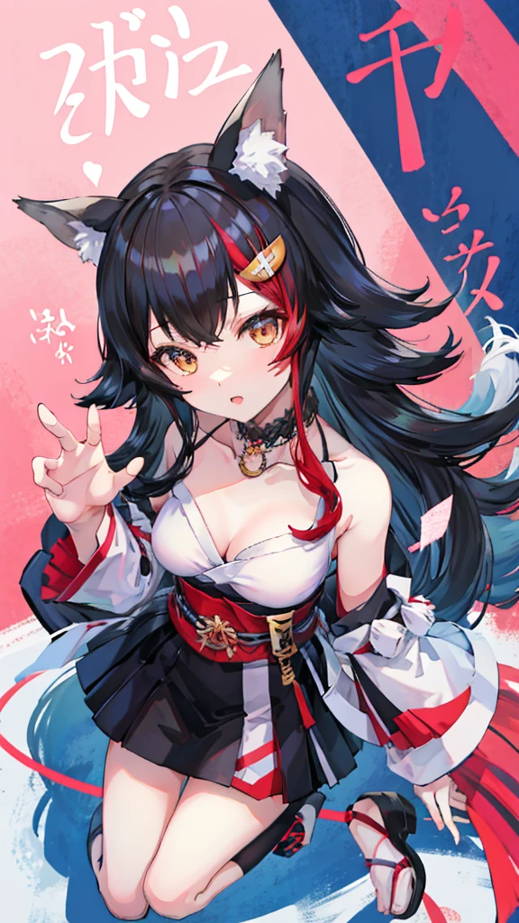 1 girl, long hair black hair, purple eyes, masterpiece, small breast, absurdres, messy hair, cute smile, winking, blushing, nice hands, girl in clothing of Japanese shrine maidens, (heart in the pupils:0.2), floating heart, heart earrings, full-face blush