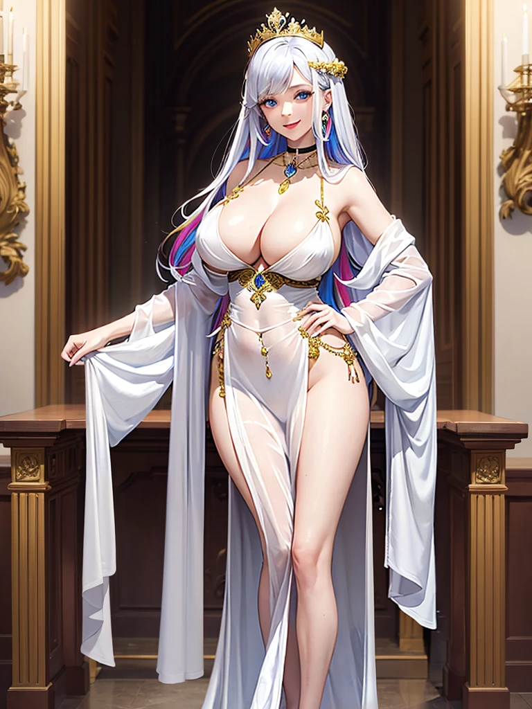 (masterpiece), (best quality), 1girl, solo, white skinned female, 35-years old, multicolored hair, very large breasts, large hips, jewelry, cleavage,  personification, choker, crown, open silk bathrobe,  bare shoulders, smiling, hands on hips, indoors, ornate gold and marble throne room.,plunging neckline, breast curtains, Revealing clothes