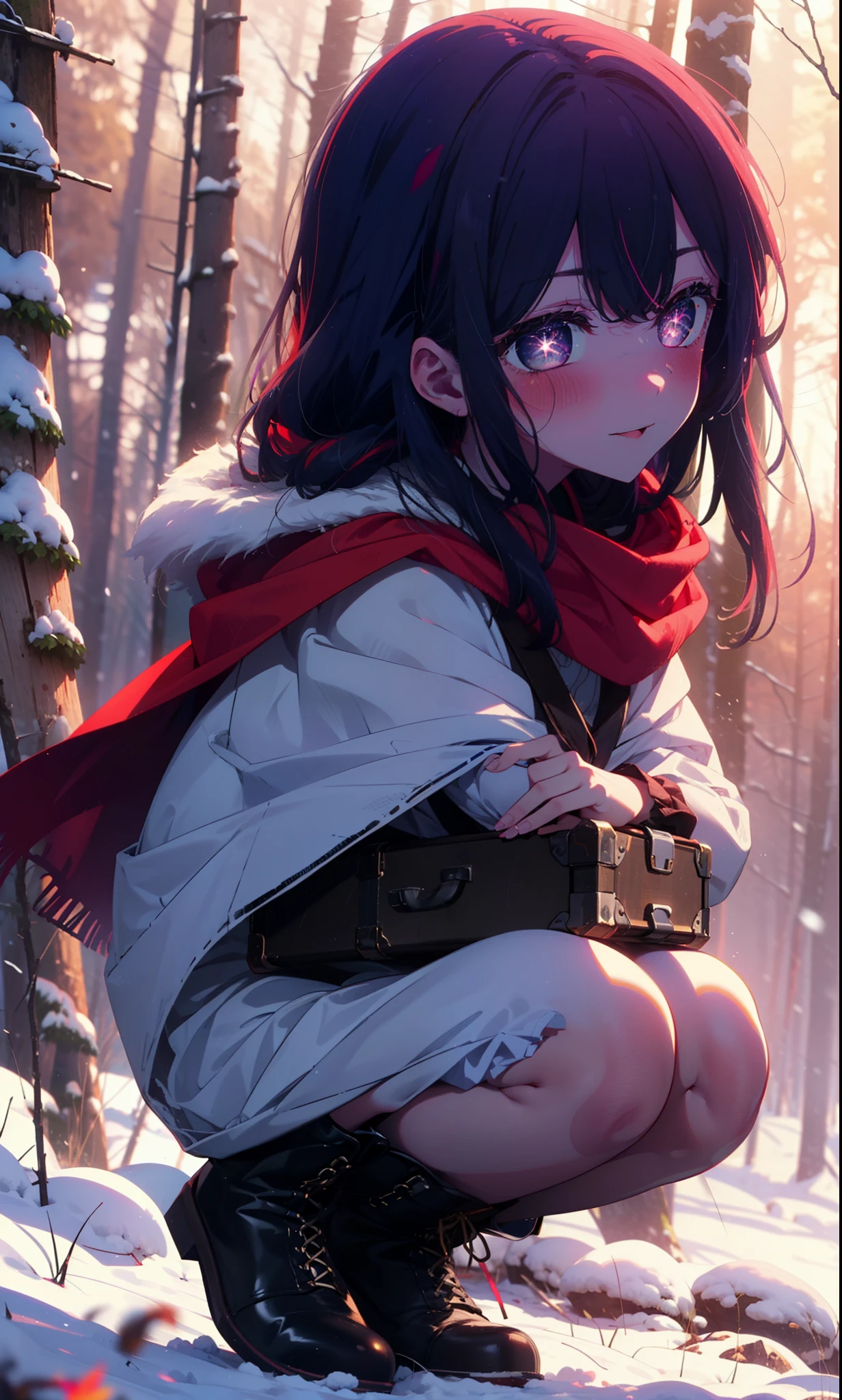 aihoshino, Ai Hoshino, Long Hair, bangs, (Purple eyes:1.1), Purple Hair, (Symbol-shaped pupil:1.5), smile,,smile,blush,White Breath,
Open your mouth,snow,Ground bonfire, Outdoor, boots, snowing, From the side, wood, suitcase, Cape, Blurred, , forest, White handbag, nature,  Squat, Mouth closed, Cape, winter, Written boundary depth, Black shoes, red Cape break looking at viewer, Upper Body, whole body, break Outdoor, forest, nature, break (masterpiece:1.2), Highest quality, High resolution, unity 8k wallpaper, (shape:0.8), (Beautiful and beautiful eyes:1.6), Highly detailed face, Perfect lighting, Extremely detailed CG, (Perfect hands, Perfect Anatomy),