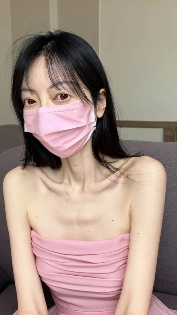 Japanese woman, fair skin, black hair, long hair, 50 years old, thin, skinny, weakened skin, droopy eyes, pink dress, pink mask