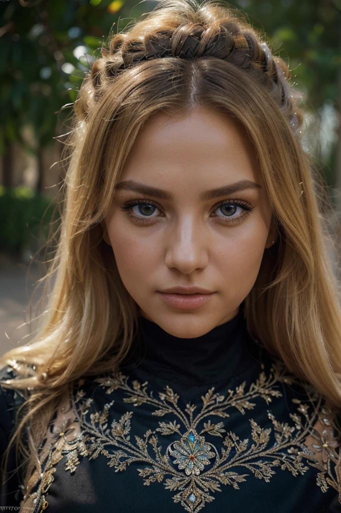 a beautiful blonde woman, beautiful golden blonde hair, detailed eyes, beautiful detailed lips, extremely detailed face, long eyelashes, in the country of Egypt, wearing a long black arab dress, (best quality,4k,8k,highres,masterpiece:1.2),ultra-detailed,(realistic,photorealistic,photo-realistic:1.37),HDR,UHD,ultra-fine painting,sharp focus,physically-based rendering,extreme detail description,professional,vivid colors,bokeh,portrait, vue sur les pyramides, photo qui va jusqu'au genoux, le cheveux porter par le vent, les mains derrière le dos