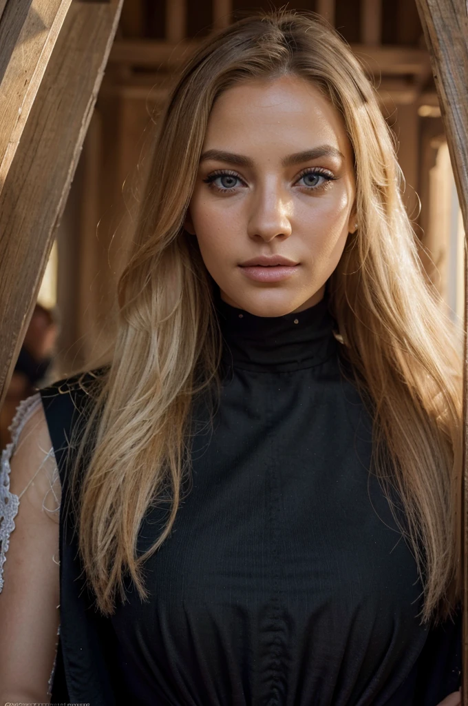 a beautiful blonde woman, beautiful golden blonde hair, detailed eyes, beautiful detailed lips, extremely detailed face, long eyelashes, in the country of Egypt, wearing a long black arab dress, (best quality,4k,8k,highres,masterpiece:1.2),ultra-detailed,(realistic,photorealistic,photo-realistic:1.37),HDR,UHD,ultra-fine painting,sharp focus,physically-based rendering,extreme detail description,professional,vivid colors,bokeh,portrait, vue sur les pyramides, photo qui va jusqu'au genoux, le cheveux porter par le vent, les mains derrière le dos