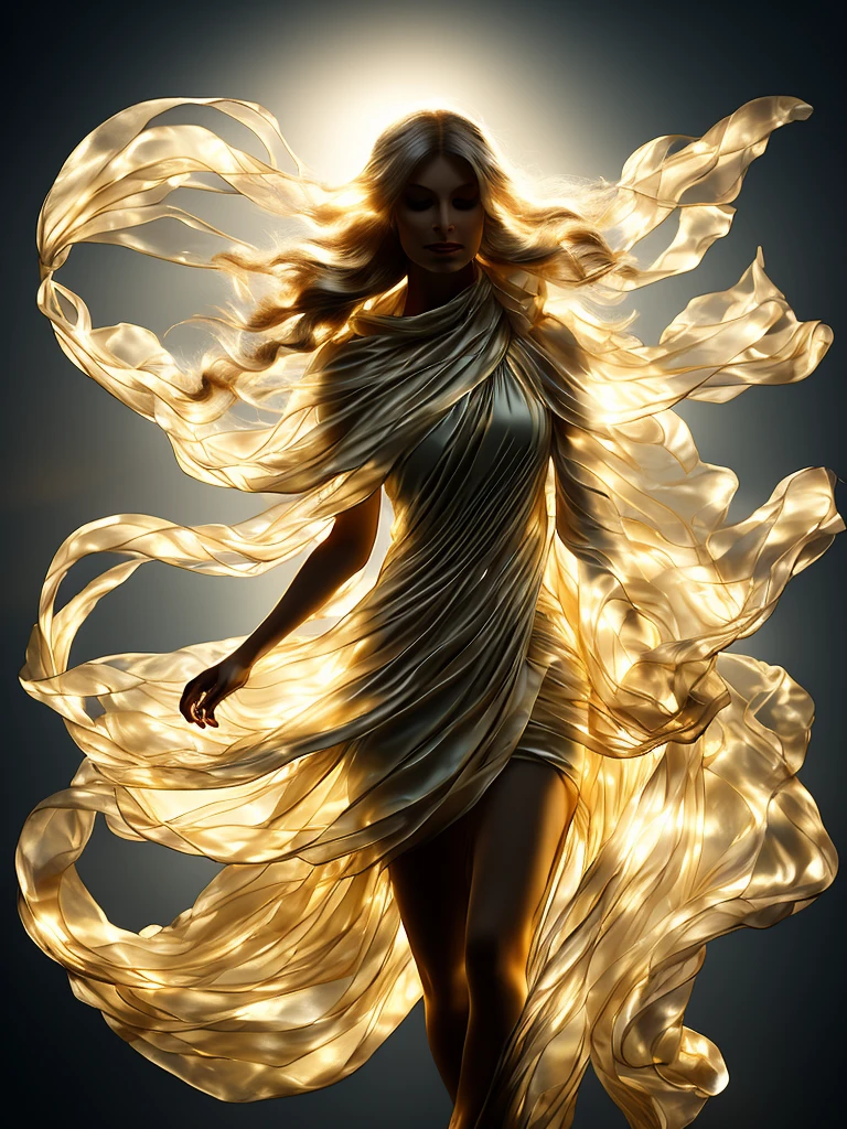 From a transparent silk scarf with light brown, gold and cream she forms the transparent figure of a cat. Soft, very light and ethereal. Part of the scarf flutters in the wind. Dark background.