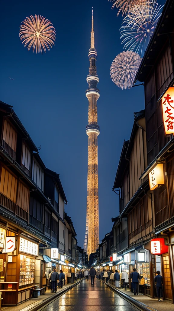 The Tokyo Skytree towers in the distance over the old Kyoto streets where the summer festival is being held.、An emotional depiction of a small airship with the words "Thank You" written on it flying in the distance in the midsummer night sky where fireworks can be seen.。Anime Style