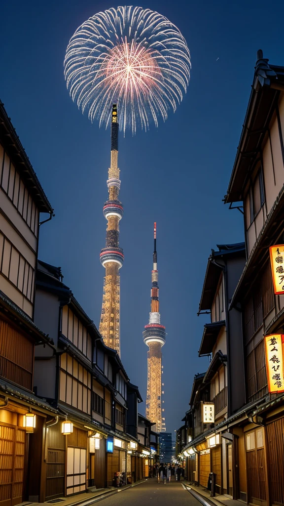 The Tokyo Skytree towers in the distance over the old Kyoto streets where the summer festival is being held.、An emotional depiction of a small airship with the words "Thank You" written on it flying in the distance in the midsummer night sky where fireworks can be seen.。Anime Style