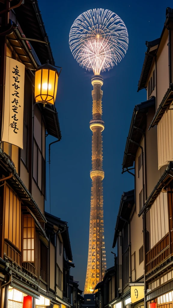 The Tokyo Skytree towers in the distance over the old Kyoto streets where the summer festival is being held.、An emotional depiction of a small airship with the words &quot;Thank You&quot; written on it flying in the distance in the midsummer night sky where fireworks can be seen.。Anime Style


