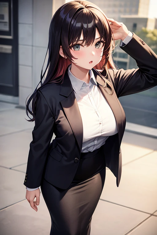 (masterpiece:1.2, top-quality), (realistic, photorealistic:1.4), beautiful illustration, (natural side lighting, movie lighting), nsfw,
looking at viewer, cowboy shot, front view:0.6, 1 girl, japanese, teacher, perfect face, cute and symmetrical face, shiny skin,
(long hair:1.2, ponytail:1.2, forehead, sidelocks, light brown hair), purple eyes, long eye lasher, (large breasts:0.8),
beautiful hair, beautiful face, beautiful detailed eyes, beautiful clavicle, beautiful body, beautiful chest, beautiful thigh, beautiful legs, beautiful fingers,
((detailed cloth texture, (dark grey business suit jacket, dark grey pencil skirt), lavender color turtleneck, high heels), wayfarer glasses),
(beautiful scenery), evening, class room, school, standing, (graceful, smile, upper eyes),