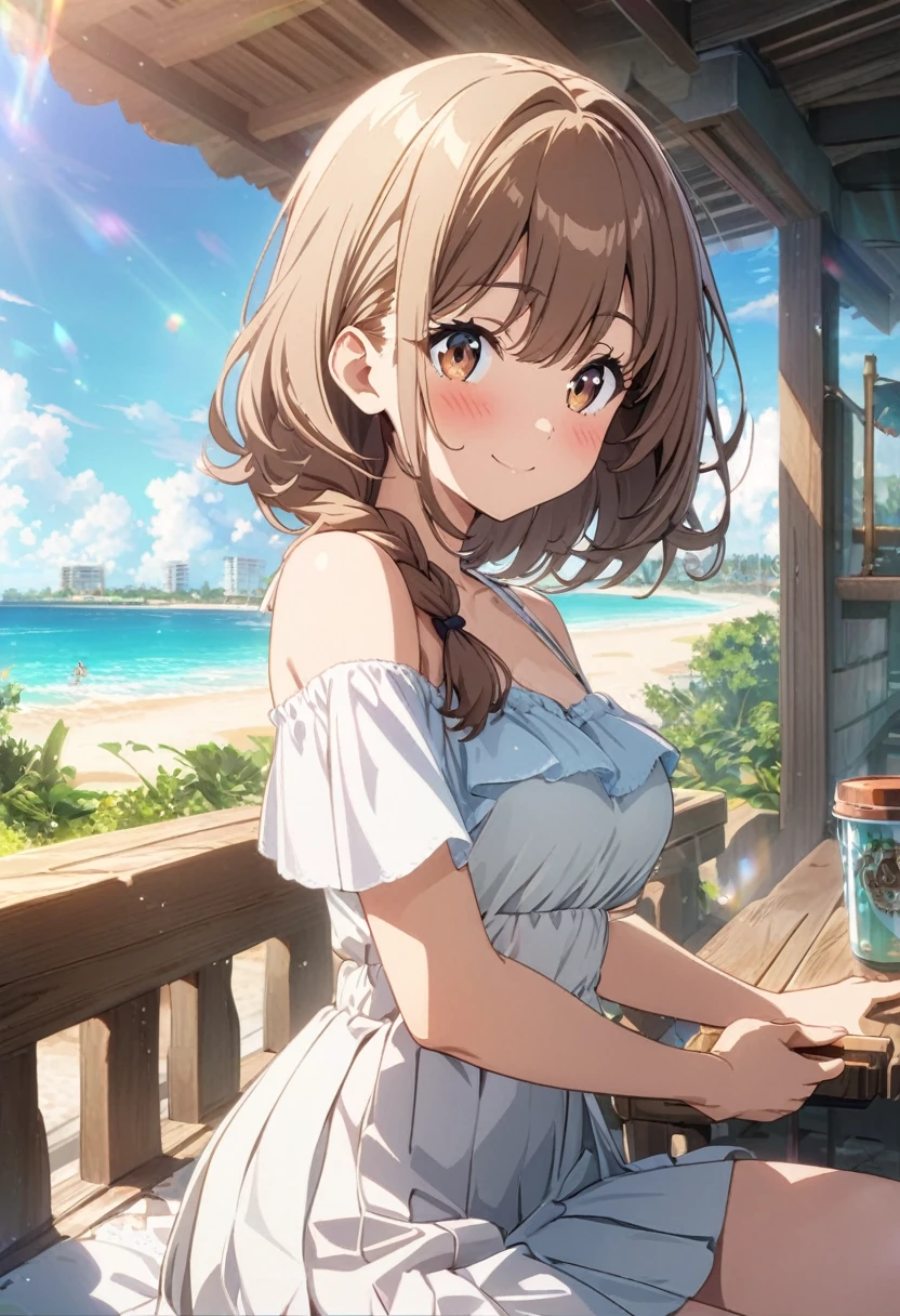 Detailed anime wallpapers, masterpiece, Perfect Face, Happy Anime Style, Portraiture, Upper Body, Anime Girls, Beautiful summer dresses, Panoramic View, 8K,((masterpiece:1.4, Highest quality)), morning ,A cute girl is sitting on a high bench, blue sky, (Brown thin medium hair, Braiding), Brown eyes, Pleated skirt, blush, smile, Particles of light, Colorful lights and reflections, Charming beach town of Cancun, Mexican, Colorful Houses々lined up