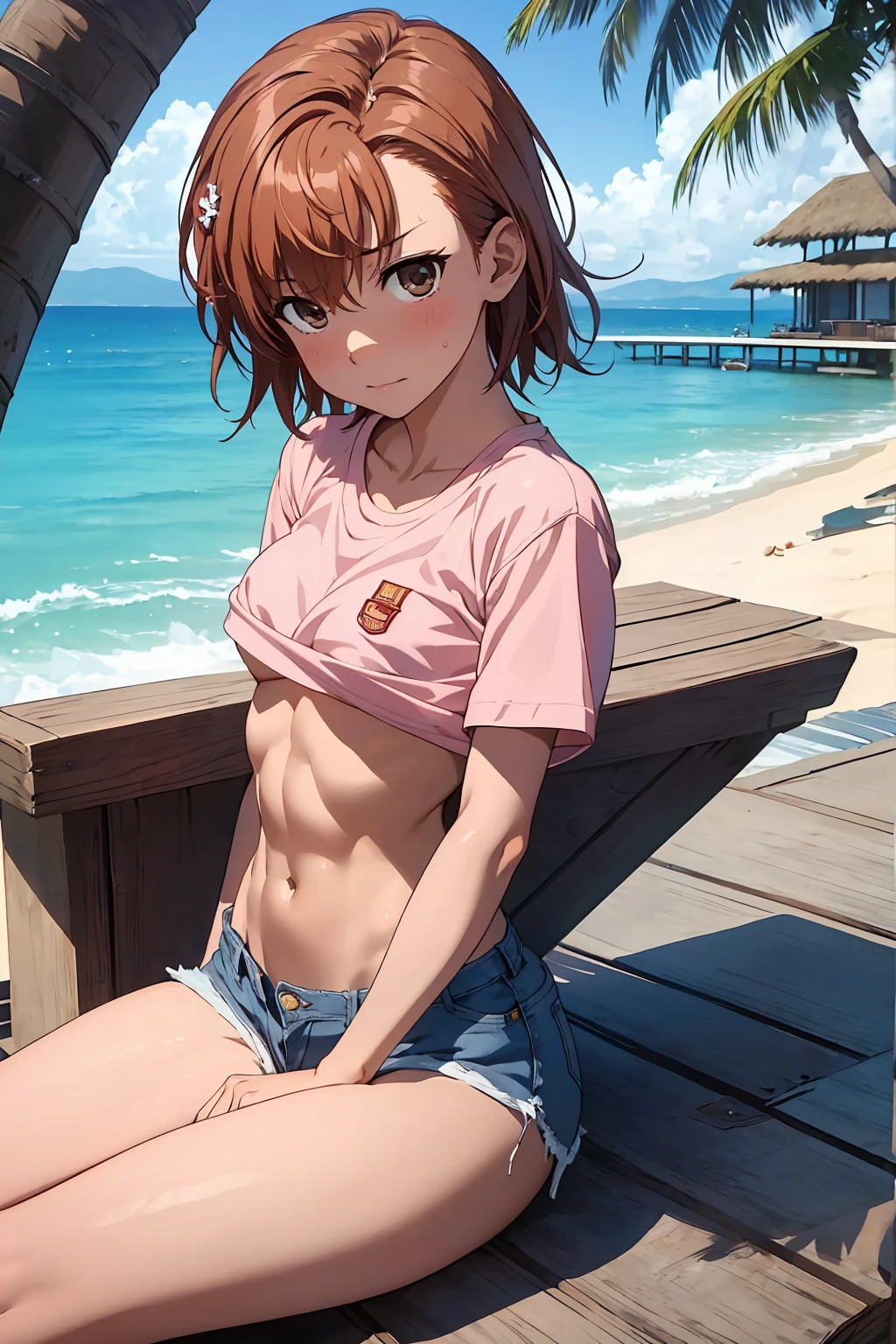 　NSFＷ　Highest quality　Best image quality　４ｋ　,{Misaka Mikoto}　　{{shirt lift}}＋＋　Plain pink shirt　topless,　Underboob　Beautiful nipples　Short hair Brown hair, Brown eyes,short hair(Beautiful Abs Denim Shorts ,　Embarrassed face　sit　Beautiful beach　Wet　ＭCharacter splits　