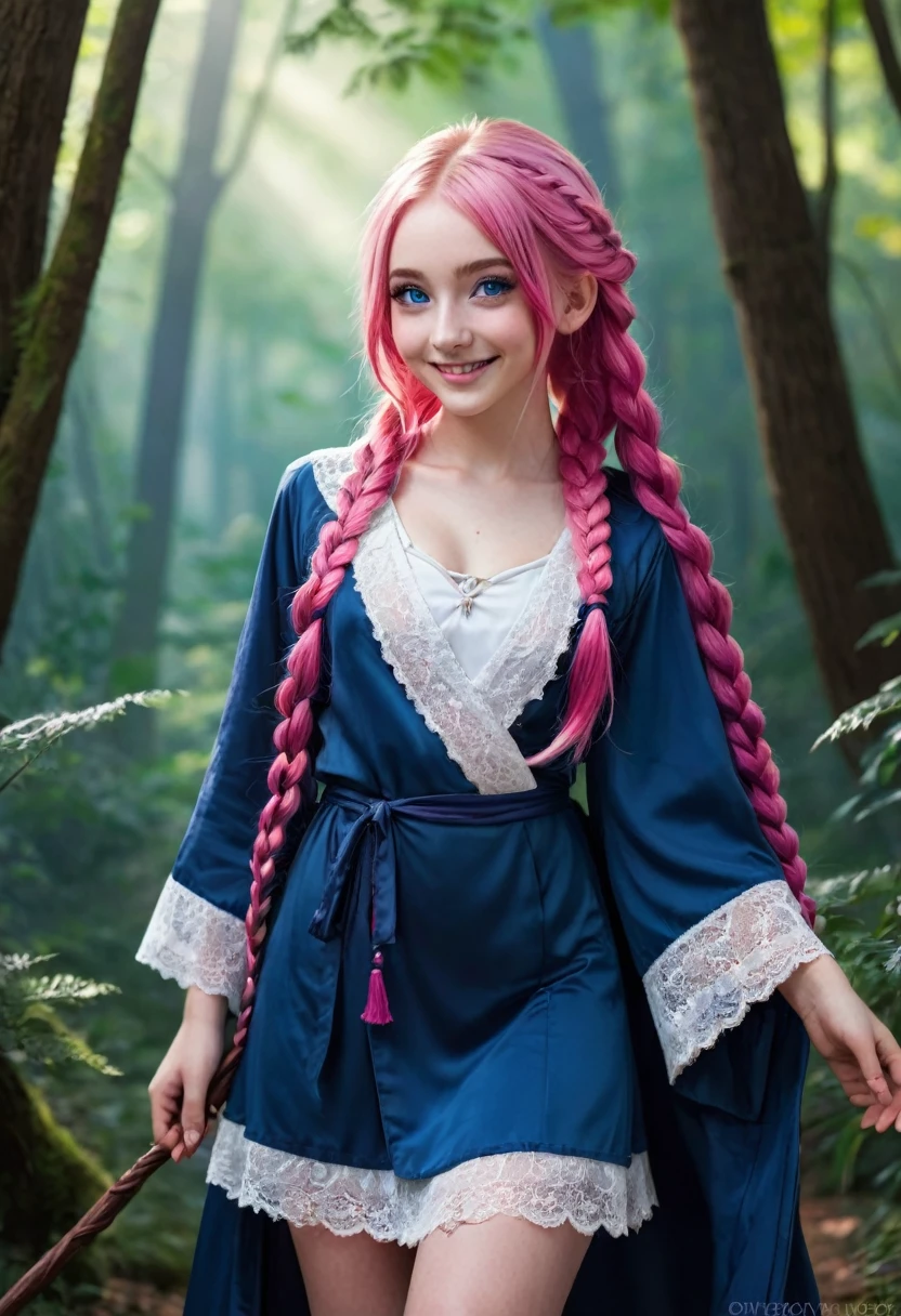 a girl, ((young girl)), slim, long pink hair in layered braids, vibrant pink hair. Blue eyes, long nose, round nose, (((detailed eyes))), round cheeks, full cheeks, youthful face, Soft jaw, round jaw, babyface, bright smile, happy. Wearing a ((dark blue)) and white wizard robe, white lace, short skirt, holding a wand. Fantasy. Good eyes, slim chest, flat chest. Magical forest background, leafy trees provide shade. Show her walking, looking to the side.