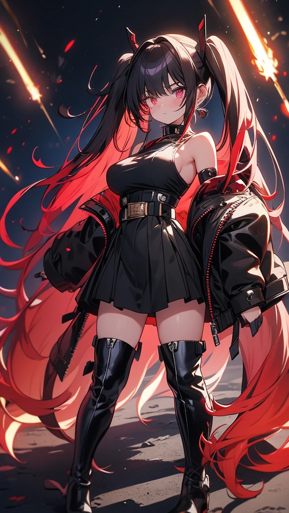 long-haired girl with pigtails, vermilion hair, perfect body, metallic mouth cover, metallic robot arms, red-purple eyes, military top, big breasts, beautiful thick thighs, purple-red and black clothing, military boots, many belts , holds a futuristic laser cannon, has war scars, kneeling pose aiming a rifle, full body focus, high definition details, dynamic lighting, rtx, military base background.