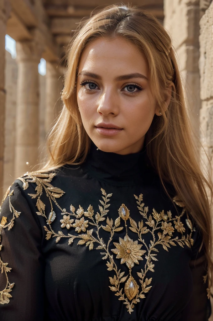 a beautiful blonde woman, beautiful golden blonde hair, detailed eyes, beautiful detailed lips, extremely detailed face, long eyelashes, in the country of Egypt, wearing a long black arab dress, (best quality,4k,8k,highres,masterpiece:1.2),ultra-detailed,(realistic,photorealistic,photo-realistic:1.37),HDR,UHD,ultra-fine painting,sharp focus,physically-based rendering,extreme detail description,professional,vivid colors,bokeh,portrait, vue sur les pyramides, photo de tout le corps, le cheveux porter par le vent, les mains derrière le dos