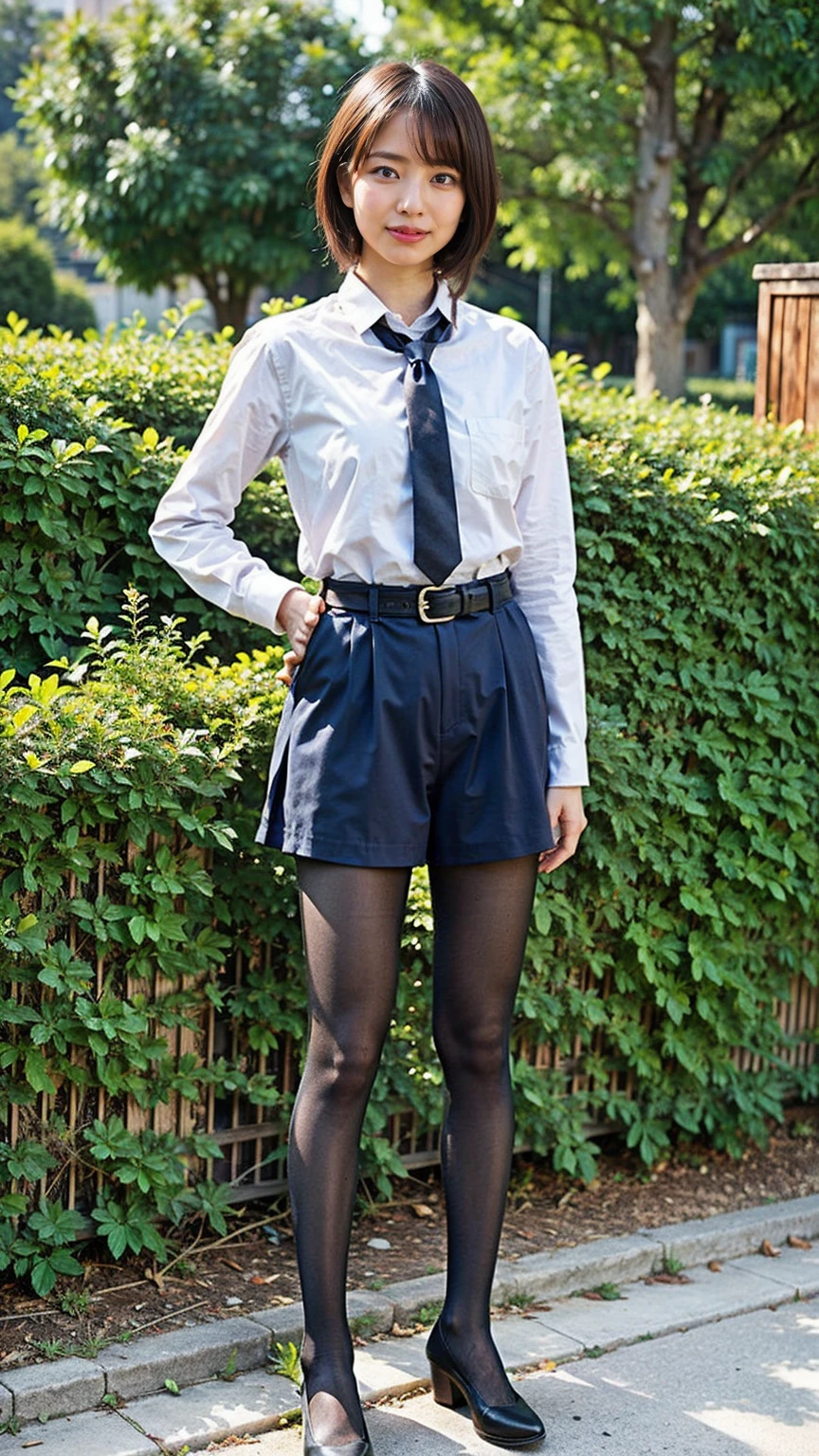 (8K、RAW Photos、Highest quality、masterpiece:1.2)、(Realistic、Realistic)、1 Girl、((mini skirt、blackいロングコート、black、Thin legs、whole body、boots、one piece、tights、garden、View from the front、smile、Looking into the camera、belt、Stand with hands on hips))、cute