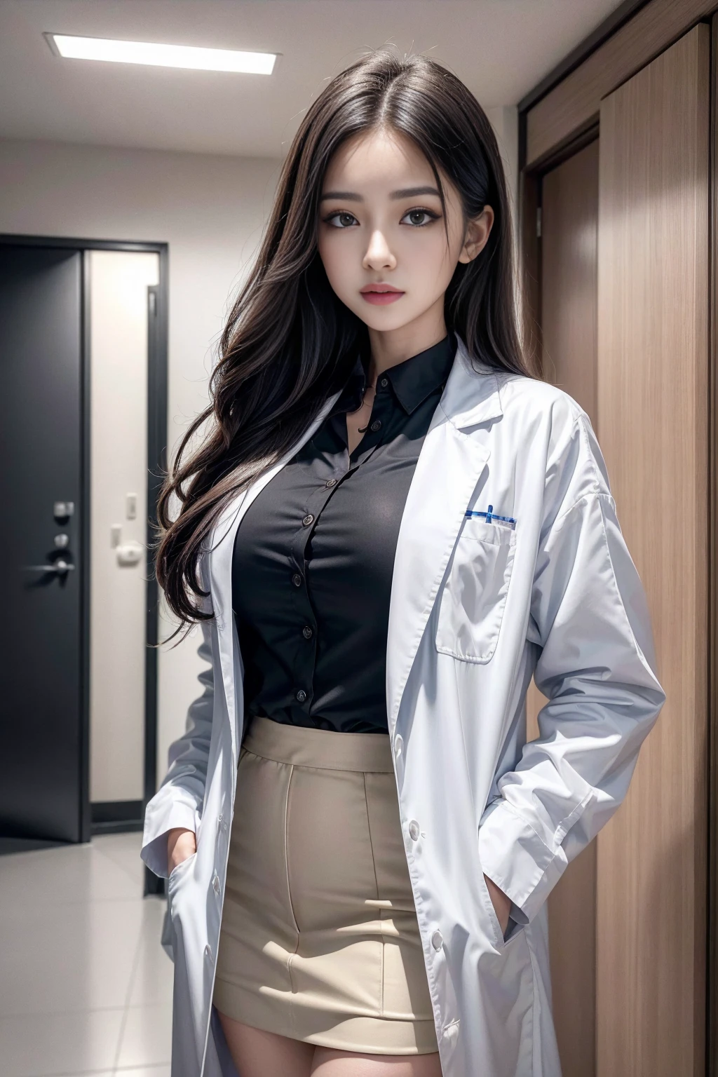 Realistic beautiful doctor、Stunning beauty、Doctor's white coat, Collared shirt、(Top quality、8K、32k、masterpiece、nffsw:1.3)、Ultra-high resolution,(Reality:1.4),Original Photography, Delicate face,,Beautiful hair, ((Doctor style)), , Black tight skirt、 Natural Makeup,, Full breasts、Inside the hospital, Detailed background, Perfect lighting, Depth of Field, Beautiful shadow gradient,Stethoscope ,