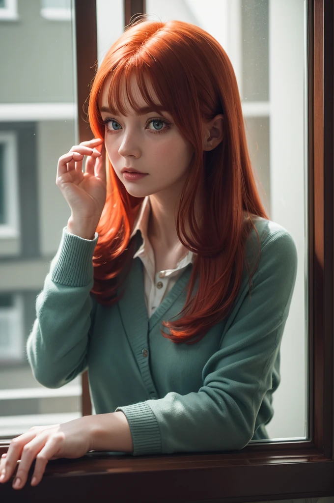 real photografic, detailed, lily in the hand of a red-haired woman, nylon camera reflecting in the window glass
