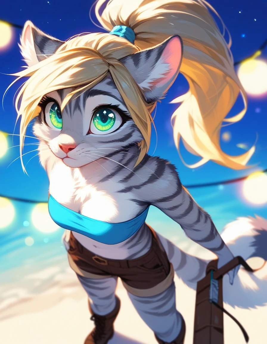 Solo, score_9,score_8_up,score_7_up, source_furry, kat, Anthro furry feline, big blue soarin sparkling eyes, blonde hair, (ponytail hair), pink nose, :3, white whiskers, silver fur with grey stripes, furry body, wearing blue bandeau, brown short shorts, brown boots, standing, from above, amazed expression, looking up at the sky, colorful lights flashing