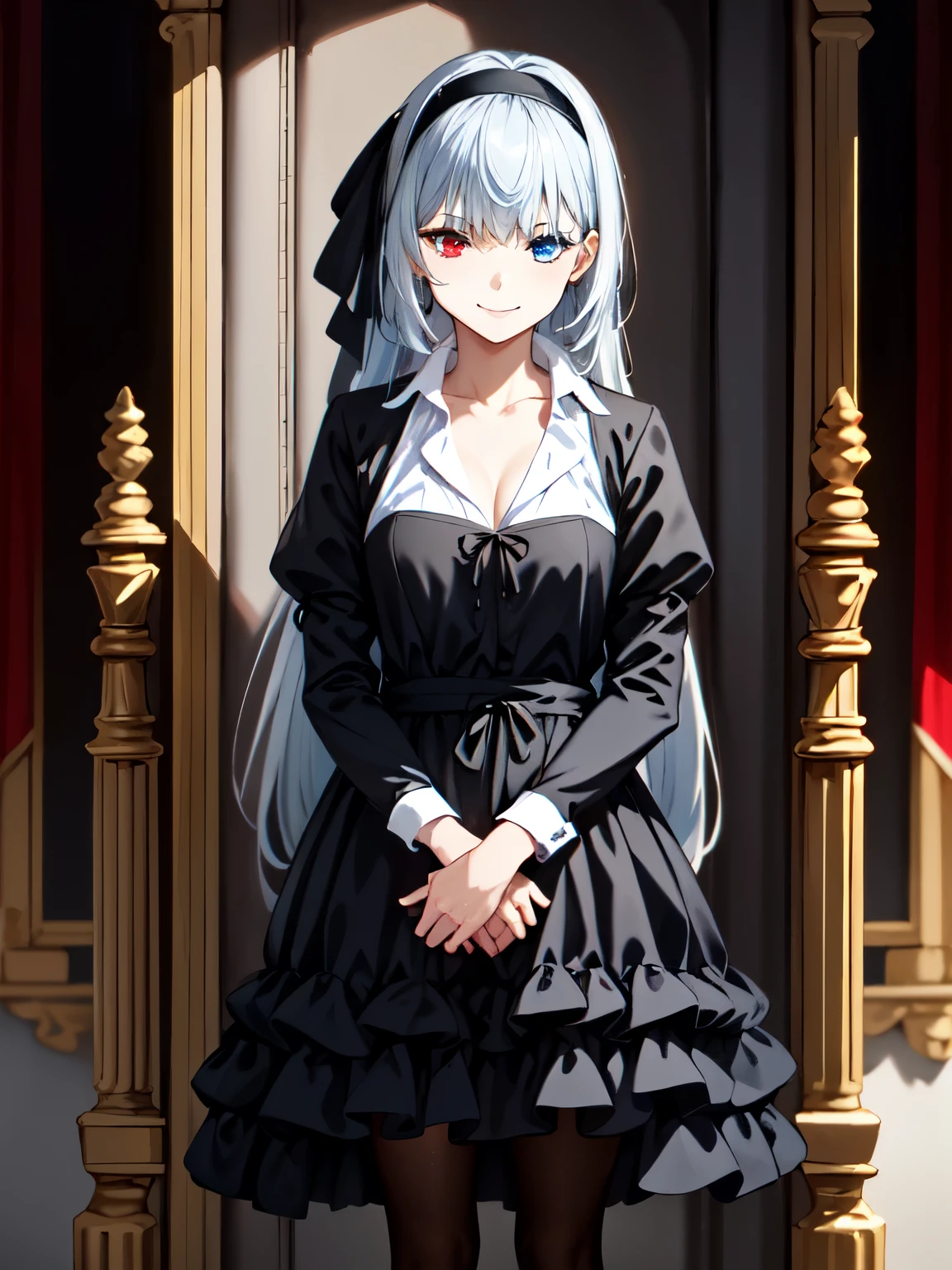 masterpiece、high quality、Perfect hands、最high quality、solo、One girl、Standing、Silver Hair、(Heterochromia iridis、Red Eye:1.3、Blue Eyes:1.2)、Long Hair、head band、Black ruffled dress、goth short dress、White collar shirt、Black Pantyhose、clavicle、Open collar、,(Genuine、Realistic、Realistic:1.30)、High resolution、超High resolution、Ultra-fine painting、Sharp focus、Physically Based Rendering、Cowboy Shot、smile、Closed Mouth、Arms crossed、Throne Room、Red carpet、stage、Pillar、curtain、