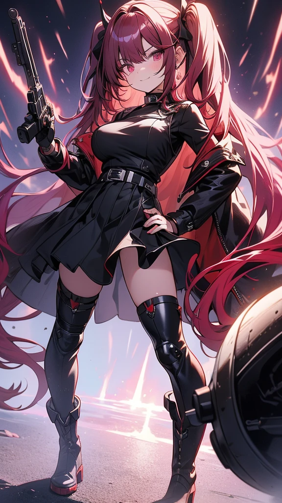 long-haired girl with pigtails, vermilion hair, perfect body, metallic mouth cover, metallic robot arms, red-purple eyes, military top, big breasts, beautiful thick thighs, purple-red and black clothing, military boots, many belts , holds a futuristic laser cannon, has war scars, pose holding a rifle, full body focus, high definition details, dynamic lighting, rtx, military base background.