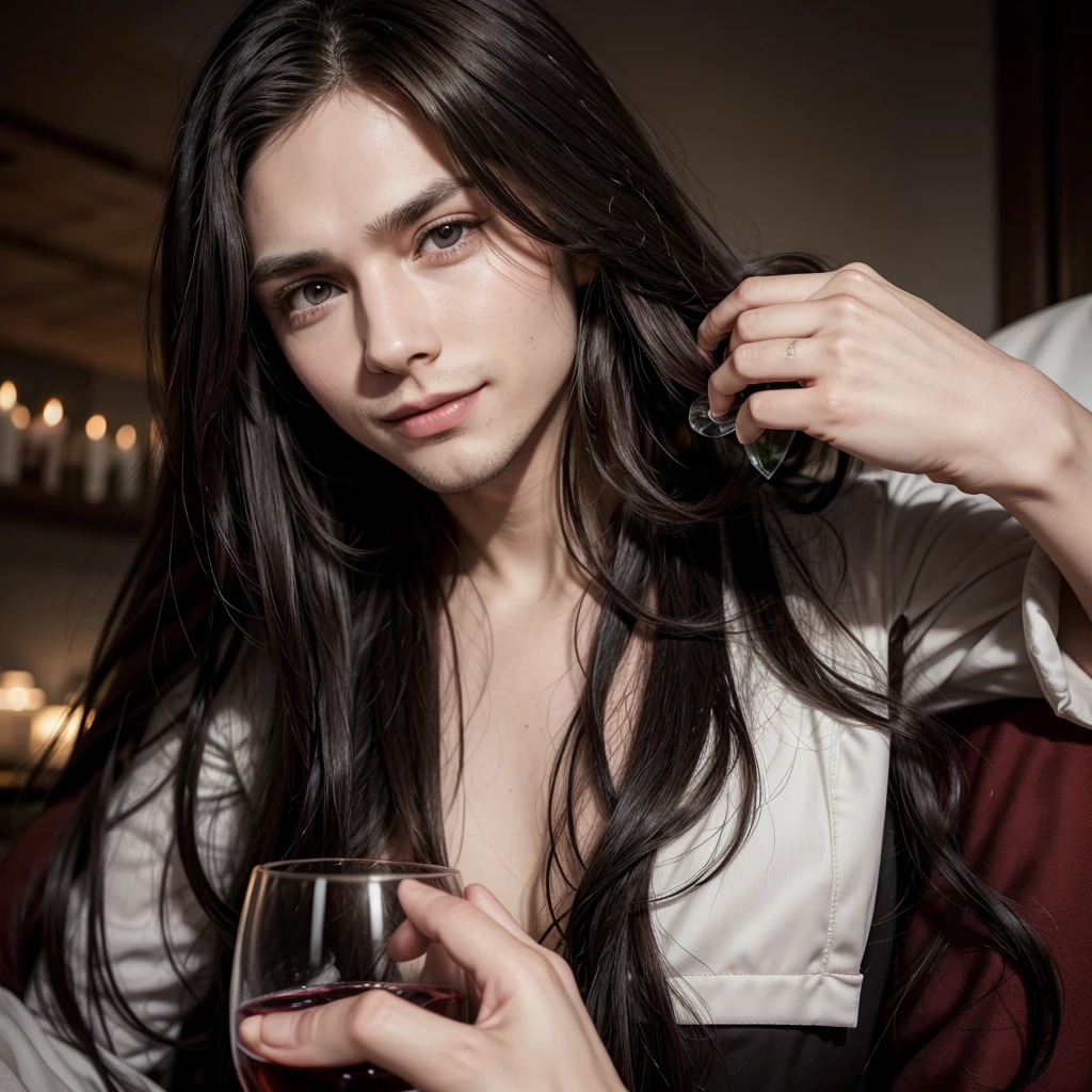 Long hair brunette man, seducing gaze, psychopath smile, black leagwear, holding a glass of wine.