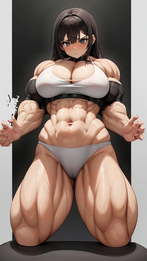 Woman in black bikini and small man in white shirt, weak and small man, thin and small physique, Very beauthful. , ,weak and defenseless man, small physique, , muscular ultraviolent woman, muscular and scary, absurdly huge physique, big muscles, extremely muscular woman,