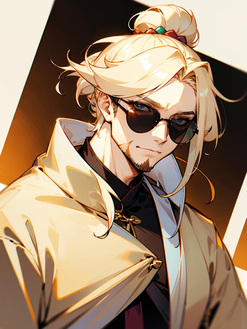 1male, adult, cream hair, middle parted hair, medium length hair, top knot, sunglasses, stubble, cream haori, candy shop, confident