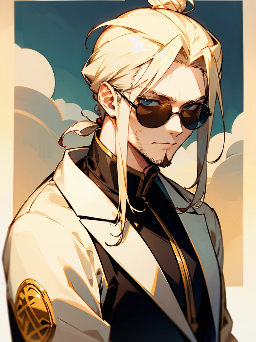 1male, adult, cream hair, middle parted hair, medium length hair, top knot, sunglasses, stubble, cream haori, candy shop, confident