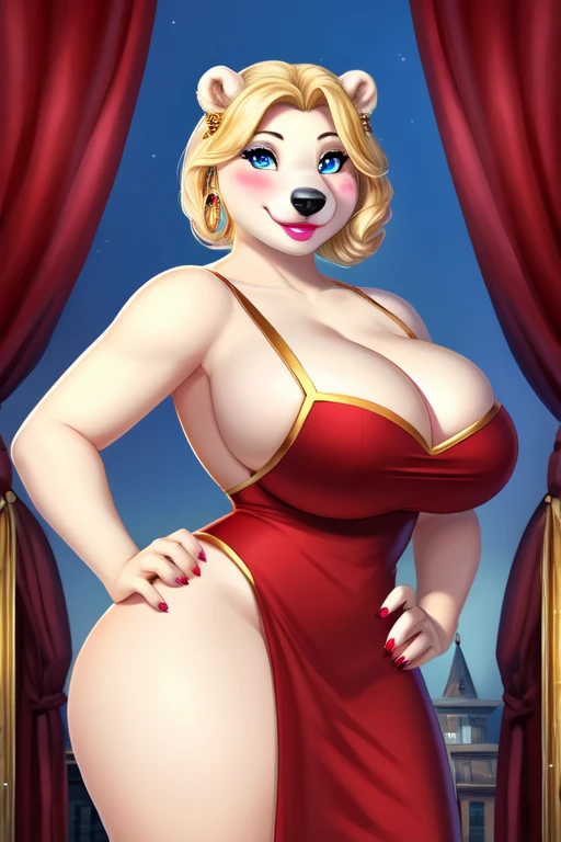 Blonde polar bear woman, wearing a backless Santa dress, perfect face, blue eyes, big breasts, cleavage, three-quarter view, solo, smile, perfect detailed body, pink lipstick, hand on hips, gold earrings, blushing