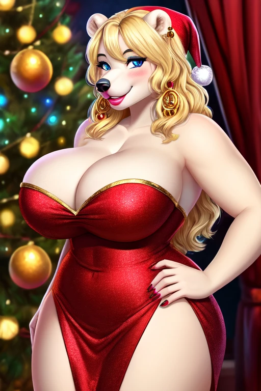 Blonde polar bear woman, wearing a backless Santa dress, perfect face, blue eyes, big breasts, cleavage, three-quarter view, solo, smile, perfect detailed body, pink lipstick, hand on hips, gold earrings, blushing