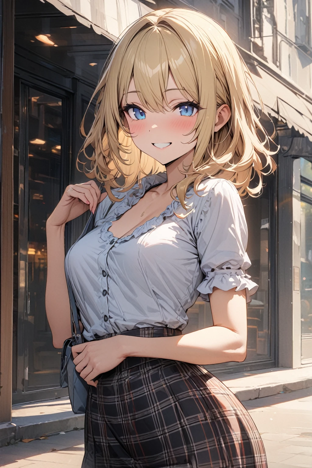 masterpiece, best quality, ultra detailed, solo,
sexy girl, blonde hair, blue eyes, plaid skirt, fitted blouse, casual outing, playful smile
