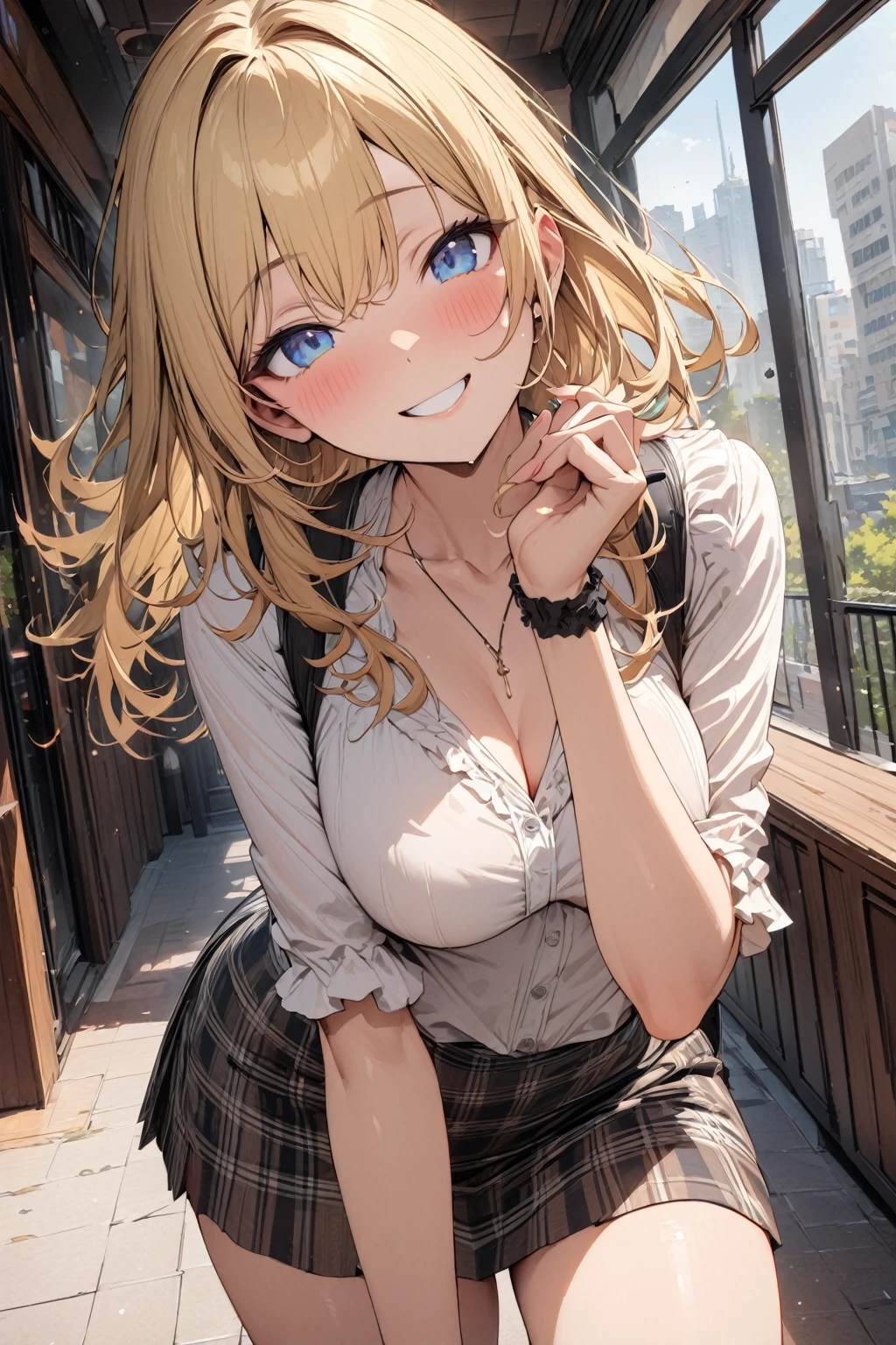 masterpiece, best quality, ultra detailed, solo,
sexy girl, blonde hair, blue eyes, mini skirt, casual jacket, playful smile, garter knee length stockings
