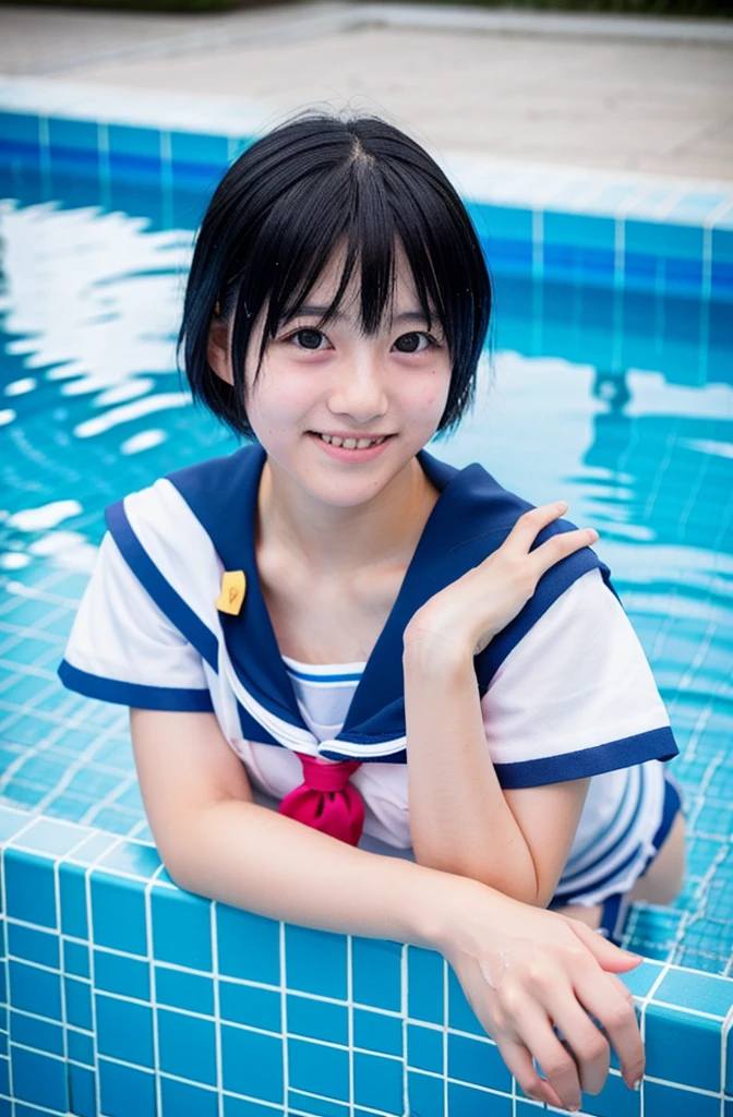 japanese, junior High School girl,1 person, age 15, Sailor Mercury, A cosplay that is heavy wet and heavy transparent,Wet blue short hair, Wet arms,Wet legs,Wet Face, pose, Highest quality, wet poolside, smile, lie down, open leg