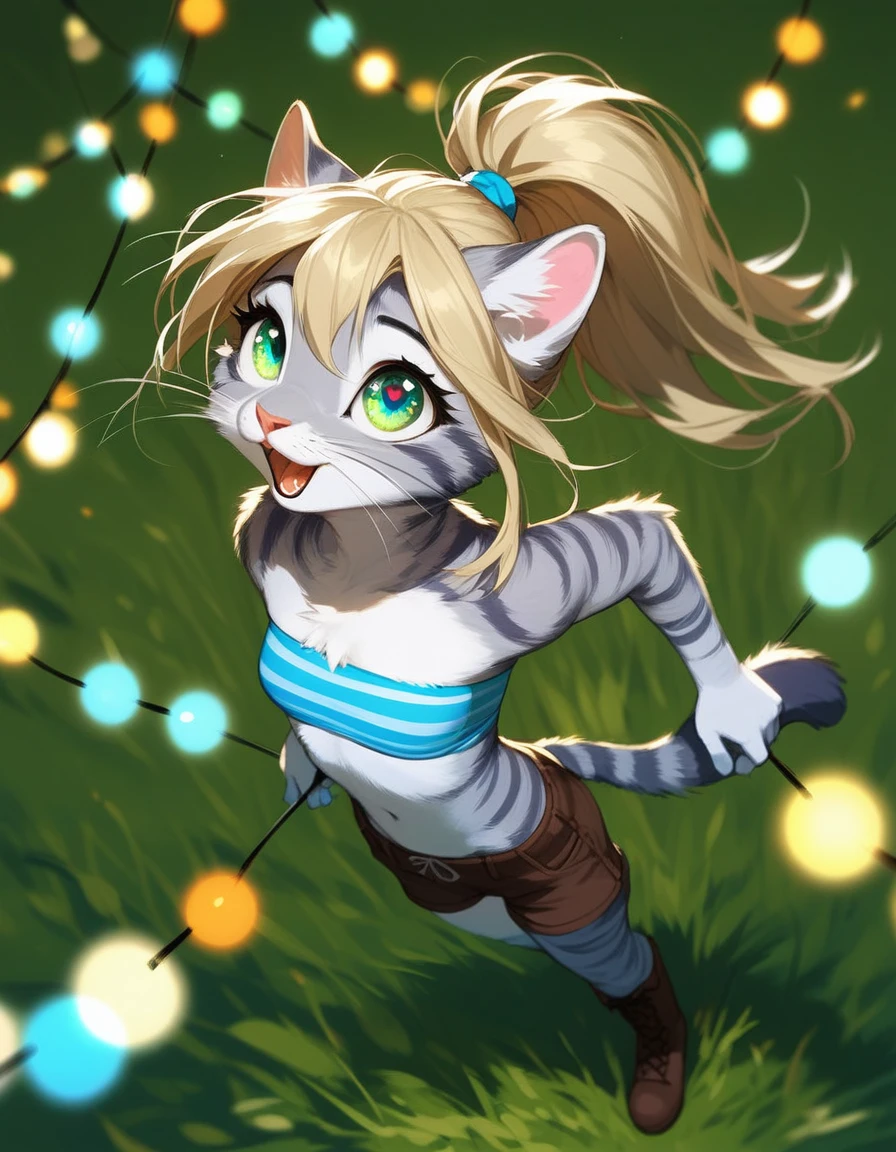 Solo, score_9,score_8_up,score_7_up, source_furry, kat, Anthro furry feline, big blue soarin sparkling eyes, blonde hair, (ponytail hair), pink nose, :3, white whiskers, silver fur with grey stripes, furry body, wearing blue bandeau, brown short shorts, brown boots,  standing, from above, amazed expression, looking up at the sky, colorful lights flashing, on a grassy field, mouth open, :o, 