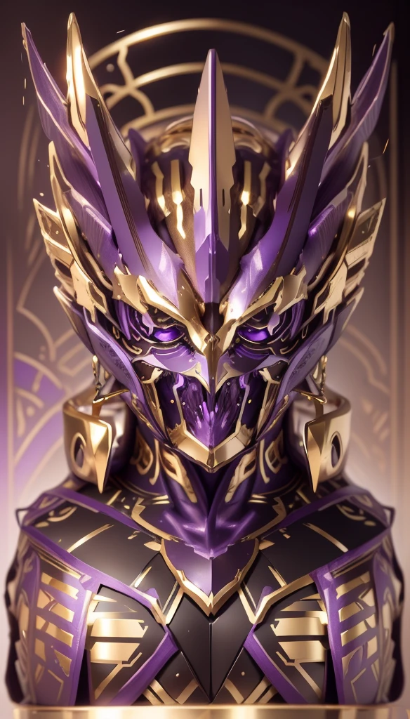 The whole face is a mixture of gold and purple，There are many gorgeous carvings all over the body，Let them coexist，Performed around the eyes. The entire surface should be a perfect purple and gold，There are no other colors。Does not contain any other colors，Amethyst and gold，There should be a lot of crystals，Add some gold thread for decoration。The color changes to purple and gold，Some purple and gold（Ensure its layering and armor texture，Purple is the main color，Add some gold for decoration）