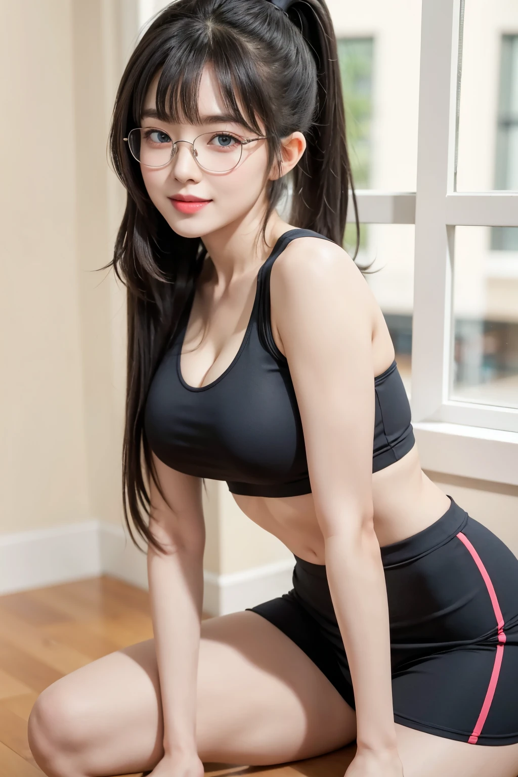 (Best quality, masterpiece, detailed), (RAW, 4k, hd images), 1 girl, , white skin, long hair, ponytail, layers hair, bangs, black hair, beautiful girl, cute girl, sweet girl, pretty girl, perfect girl, perfect body, pretty eyes, blue eyes, thin lips, (eye line, lip soft), perfect round breast, glasses(detailed frame), simple background, smile, thigh, legs, gym uniforms, full body, modeling pose, free style pose, random angle capture