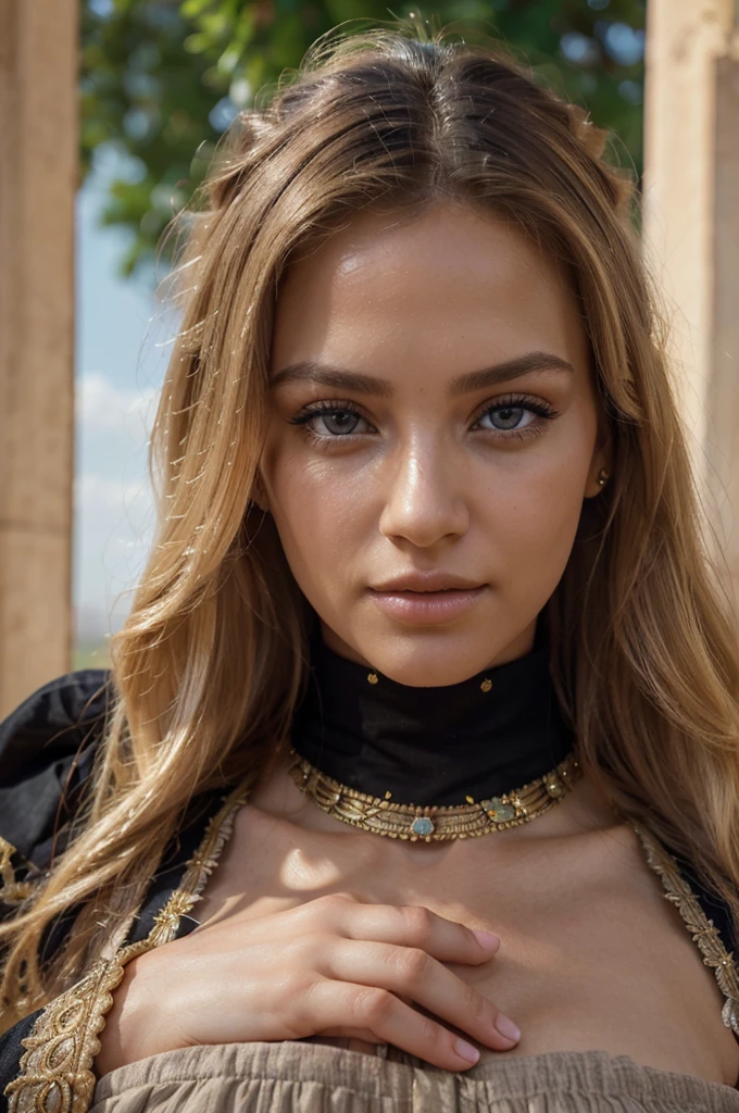 a beautiful blonde woman, beautiful golden blonde hair, detailed eyes, beautiful detailed lips, extremely detailed face, long eyelashes, in the country of Egypt, wearing a long black arab dress which goes to her feet, (best quality,4k,8k,highres,masterpiece:1.2),ultra-detailed,(realistic,photorealistic,photo-realistic:1.37),HDR,UHD,ultra-fine painting,sharp focus,physically-based rendering,extreme detail description,professional,vivid colors,bokeh,portrait, vue sur les pyramides, photo prise par un photographe, le cheveux porter par le vent, les mains derrière le dos