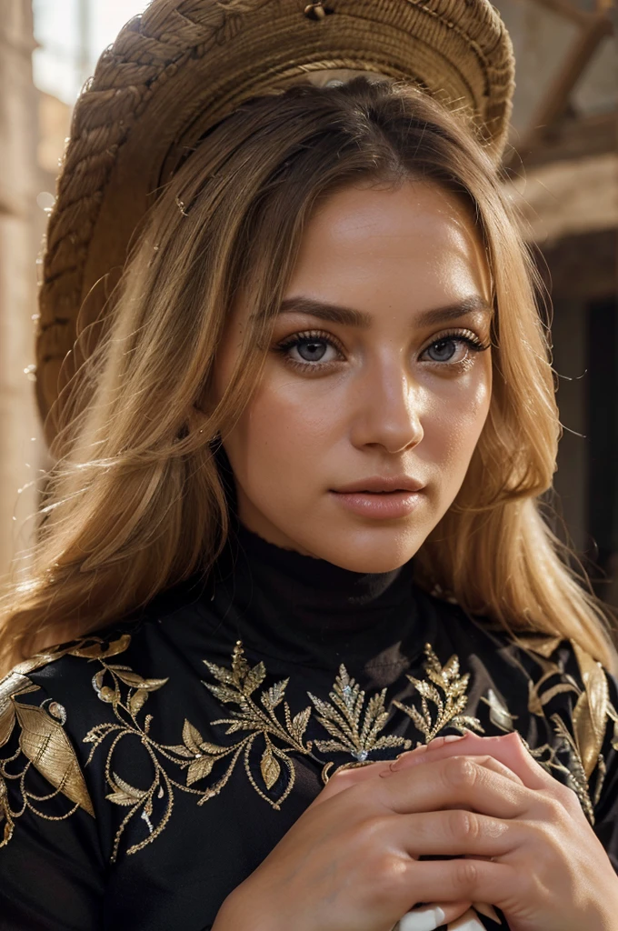 a beautiful blonde woman, beautiful golden blonde hair, detailed eyes, beautiful detailed lips, extremely detailed face, long eyelashes, in the country of Egypt, wearing a long black arab dress which goes to her feet, (best quality,4k,8k,highres,masterpiece:1.2),ultra-detailed,(realistic,photorealistic,photo-realistic:1.37),HDR,UHD,ultra-fine painting,sharp focus,physically-based rendering,extreme detail description,professional,vivid colors,bokeh,portrait, vue sur les pyramides, photo prise par un photographe, le cheveux porter par le vent, les mains derrière le dos