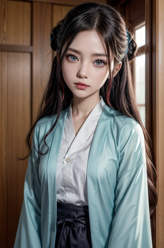 Captura of Kimetsu no Yaiba, female character, Long, wavy hazel hair and light blue eyes, with a calm look, Cheerful appearance, with elegant doors, and with red eye shadow, and lipstick of a light crimson tone. He wears the uniform of the demon hunters from Demon Slayer, pastel blue kimono with white. In the background it has a forest during the day.