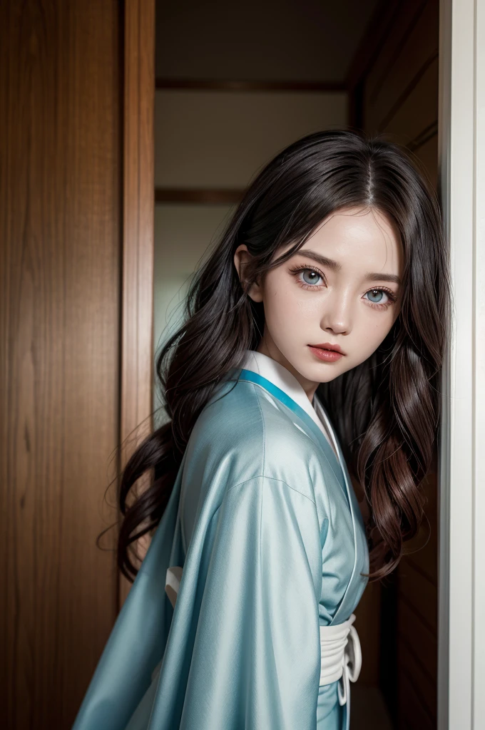 Captura of Kimetsu no Yaiba, female character, Long, wavy hazel hair and light blue eyes, with a calm look, Cheerful appearance, with elegant doors, and with red eye shadow, and lipstick of a light crimson tone. He wears the uniform of the demon hunters from Demon Slayer, pastel blue kimono with white. In the background it has a forest during the day.